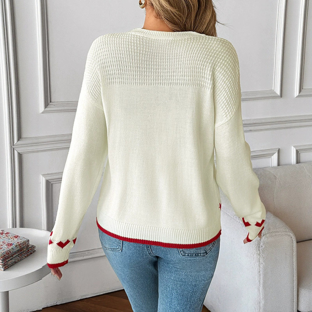 Long Sleeve Heart Jacquard Knit Sweater Fall Winter Top